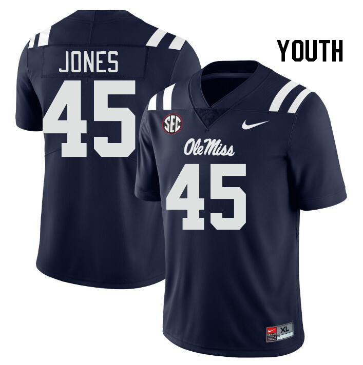 Youth #45 Jackson Jones Ole Miss Rebels College Football Jerseys Stitched Sale-Navy